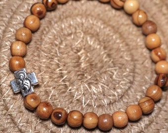 Olive Wood Prayer Bead Bracelet: Theotokos Cross Charm, Orthodox Jewelry