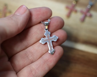 Custom Pink Budded IC XC Orthodox Cross Necklace: Platinum or Gold Tone Surgical Steel Christian Jewelry Custom 1 Inch