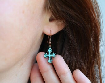 Patina Copper Cross Earrings: Teal Blue Green Christian Jewelry