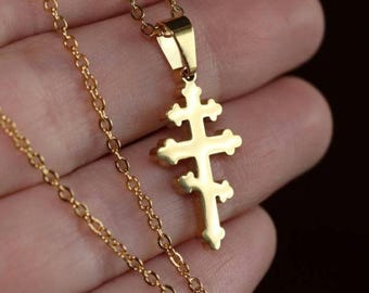 18k Gold Tone Orthodox Cross Necklace, Surgical Steel Christian Jewelry