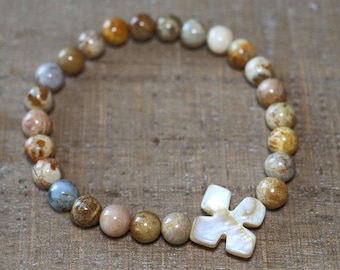 Wateroroof Mother of Pearl Cross and Coral Fossil Beaded Bracelet Christian Jewelry Jesus Prayer Orthodox Catholic Protestant Anglican Beads