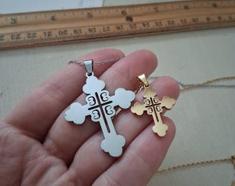 Serbian Orthodox Cross Pendant: Platinum Tone Custom Surgical Steel Christian Necklace