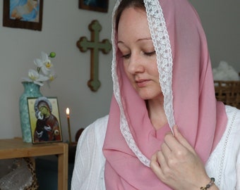 Hand Made Cotton Blend Infinity Veil Head Cover Scarf + Clip Christian Kerchief Headcovering Feminine Elegant Women Headscarf Orthodox Lace