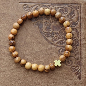 Olive Wood Prayer Bead Bracelet with Gold Cross - Bethlehem Chotki