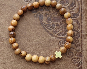 Olive Wood Prayer Bead Bracelet with Gold Cross - Bethlehem Chotki