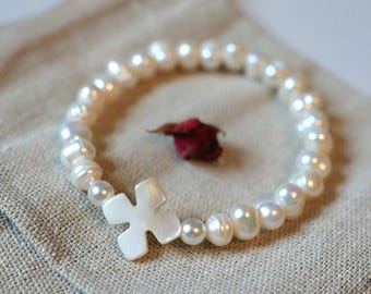 Pearl Prayer Bracelet, Mother of Pearl Cross, Christian Gift