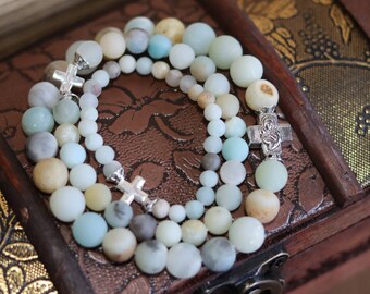 Amazonite Prayer Bracelet Set: Theotokos Charm, Silver Cross, Orthodox Christian