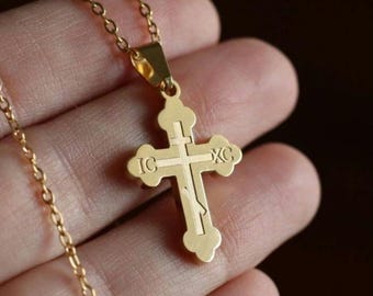 Custom 1 Inch 18k Gold Tone Orthodox Cross Necklace: Waterproof Surgical Steel