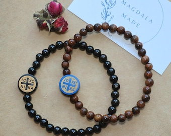 Waterproof Wooden Prayer Bead Bracelet: IC XC NIKA Cross, Orthodox Rosary