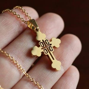 Serbian Orthodox Byzantine Cross Pendant Necklace 1 Inch 4 C&#39;s Custom 18k Tone Surgical Steel Waterproof Christian Baptism Chrismation