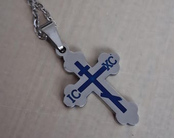 Custom Pink or Blue Budded IC XC Orthodox Cross Necklace: Platinum or Gold Tone Surgical Steel Christian Jewelry Custom 1 Inch