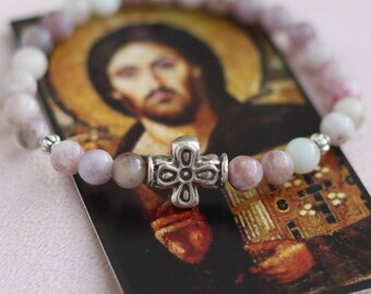 Lilac Jasper Chotki Prayer Bead Bracelet with Mykonos Silver Cross Charm Orthodox Christian Gift Christian Jewelry Komboskini
