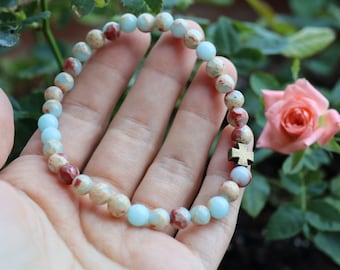 33 Bead Sea Sediment Chotki Prayer Bead Bracelet with Rustic Cross Orthodox Christian Hesychastic Jesus Prayer Baptism Gift Women's Jewelry