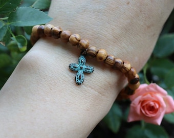 Authentic Olive Wood Chotki Prayer Bead Bracelet with Green Patina Brass Cross Charm High Quality Greek Metal Casting Orthodox Christian