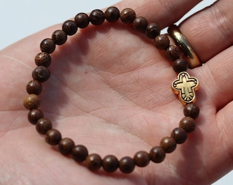 Simple Wooden Chotki Prayer Bracelet with Gold Orthodox Cross Charm Jesus Christian Komboskini Rope Catholic Gifts Men Women Child