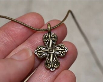 Rustic Antique Bronze or Silver Filigree Cross Pendant Necklace on Adjustable Micro Paracord Rope Christian Womens Gift Jesus Christ Baptism