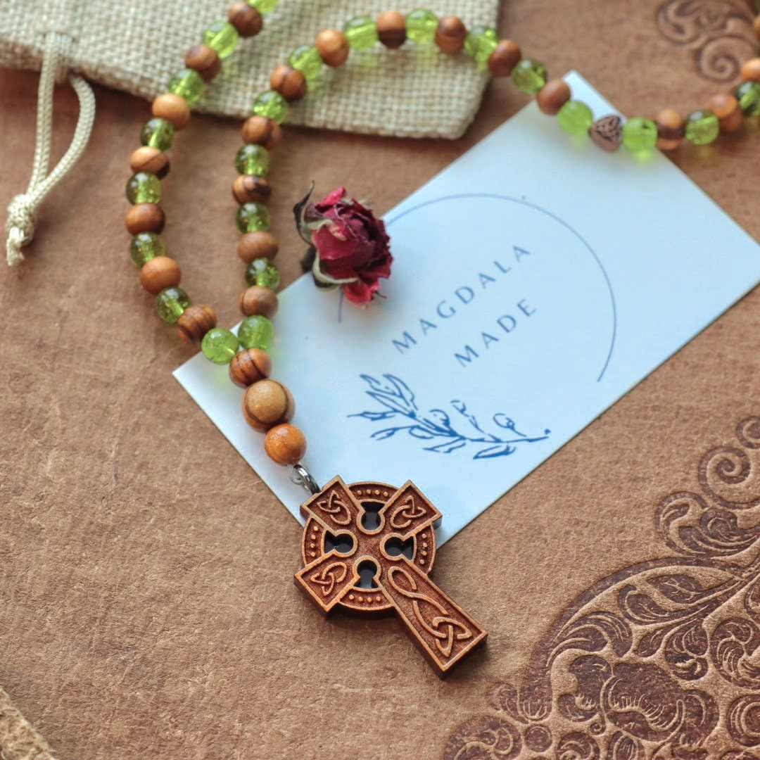 Peridot & Olive Wood Celtic Prayer Beads With Cherry Wood Cross - Etsy