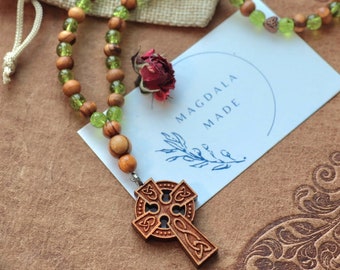 Peridot & Olive Wood Celtic Prayer Beads with Cherry Wood Cross