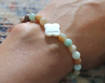 Mother of Pearl Cross Amazonite Bracelet: Christian Prayer Beads