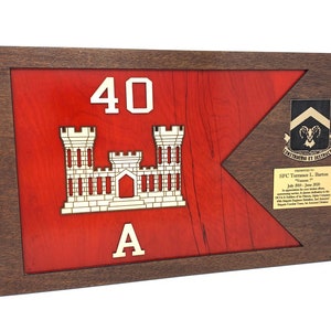 Puede incluir: Placa enmarcada en madera con fondo rojo. La placa presenta un dise&ntilde;o de castillo blanco, los n&uacute;meros "40" y la letra "A". Una placa m&aacute;s peque&ntilde;a con texto y un escudo est&aacute; en el lado derecho.