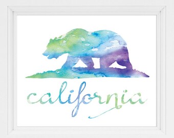 Printable California state flag watercolor print. California Watercolor Print. Los Angeles Home wall art Apartment wall art. Gift for teens.