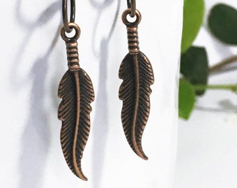 Antique copper feather earrings. Feather charm. Handmade Lightweight Dangly. Boho jewelry. Feather pendant Tribal earring Long earrings Gift