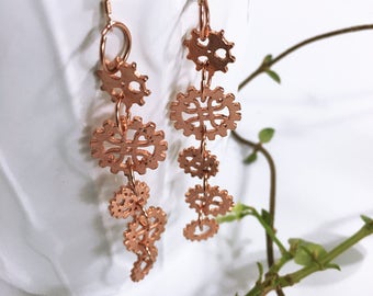 Rose gold steampunk earrings. Handmade Lightweight Dangly Long. 14K ear hook. Steampunk jewelry. Watch gears cogs. Clockwork Victorian Retro