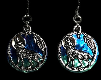 Niobium Wolves Howling at Moon Earrings