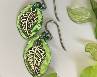 Green Leaf Earrings Dangle Anodized Niobium Earrings Tree Leaf Charm Earrings Hypoallergenic Earrings Nature Jewelry Niobium Ear Wires