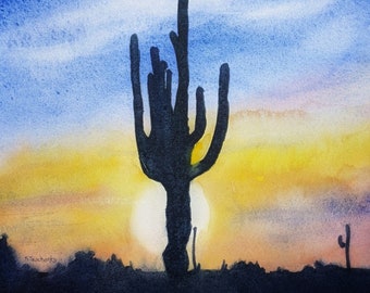 May include: A watercolor painting of a silhouette of a saguaro cactus against a sunset sky. The sky is a gradient of blue, yellow, and orange. The cactus is tall and slender, with multiple arms. The sun is setting behind the cactus, casting a warm glow on the scene.