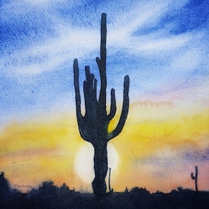 Arizona Desert, Saguaro Cactus at Sunset, Original Watercolor Painting