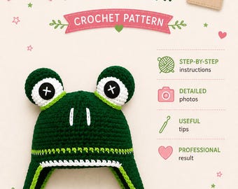 Crochet Frog Hat Pattern PDF, Kids Animal Hat, English Spanish Tutorial