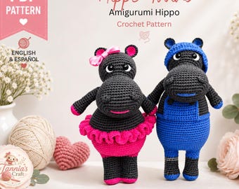 Hippo Crochet Pattern PDF, Amigurumi Hippo Dolls, English Spanish Tutorial, Twin Hippos