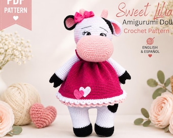 Padrão de crochê Amigurumi de Vaquinha Lilia em PDF, com vestido e laço rosa, Download Instantâneo