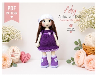 Molde de boneca amigurumi em PDF, boneca de crochê, Adry, vestido e chapéu roxos, download instantâneo
