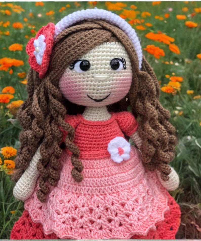 Pode incluir: Boneca de croch&ecirc; feita &agrave; m&atilde;o com cabelo castanho encaracolado, vestindo um vestido rosa com uma flor branca. A boneca tem uma faixa branca e uma flor na lateral da cabe&ccedil;a. Flores laranja ao fundo.