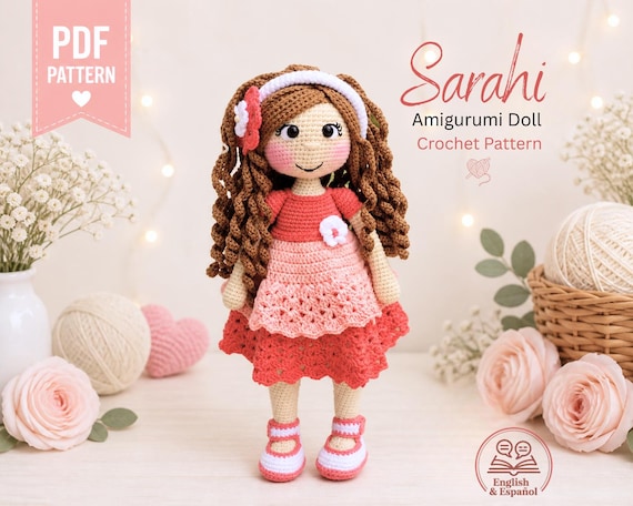 Amigurumi Doll Pattern PDF, Crochet Girl Doll Tutorial, Sarahi, Flower headband, Digital Download