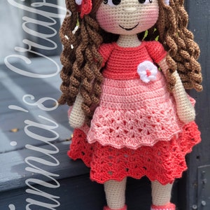 Crochet Sarahi Doll, Coral Dress, Amigurumi Doll, Crochet Doll, Handmade Doll, MADE TO ORDER