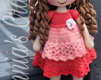 Crochet Sarahi Doll, Coral Dress, Amigurumi Doll, Crochet Doll, Handmade Doll, MADE TO ORDER