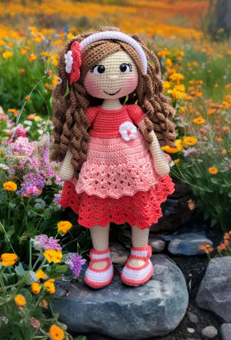 Pode incluir: Boneca de croch&ecirc; feita &agrave; m&atilde;o com cabelo castanho encaracolado, vestida com um vestido vermelho e rosa com uma flor branca. A boneca tem uma faixa branca e sapatos a condizer. Est&aacute; em p&eacute; sobre uma rocha num jardim florido.
