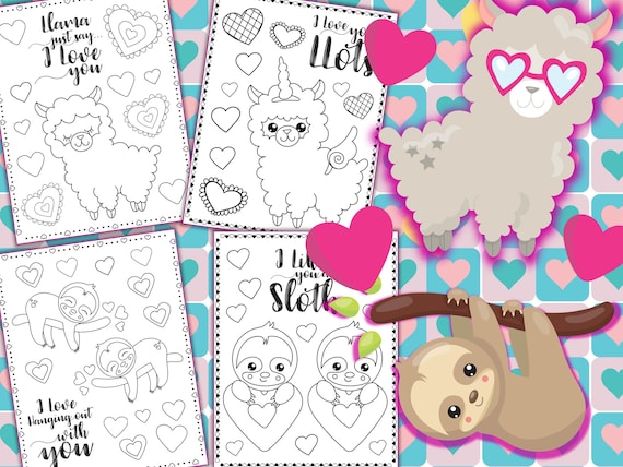 Valentine's Day Llamas and Sloths Coloring Pages The