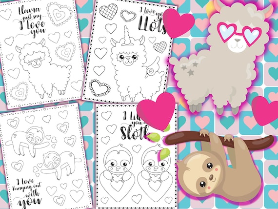 Valentine's Day Llamas and Sloths Coloring Pages  The