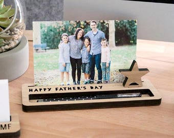 Photo Stand  - Happy Father's Day - Photo Holder with Pen, Desk Caddy, Memory Holder, Quote Display, made from Bamboo