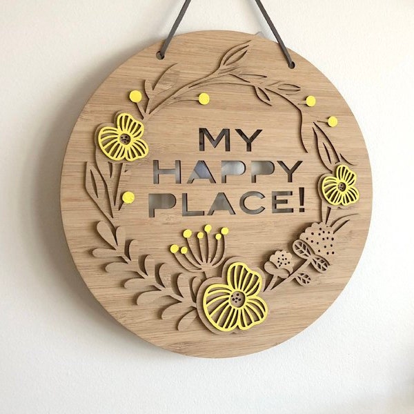 Wall Hanging - "BLOOM" My Happy Place - wreath, quote, Modern design, made from bamboo