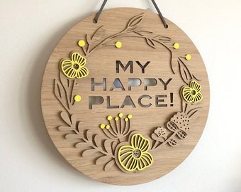 Wall Hanging - "BLOOM" My Happy Place - wreath, quote, Modern design, made from bamboo