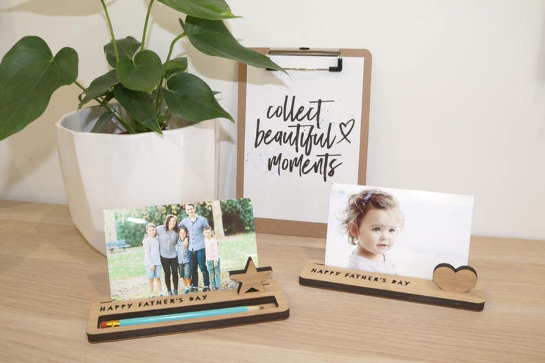 Photo Holder with Pen Happy Father/'s Day made from Bamboo Photo Stand Memory Holder Desk Caddy Quote Display