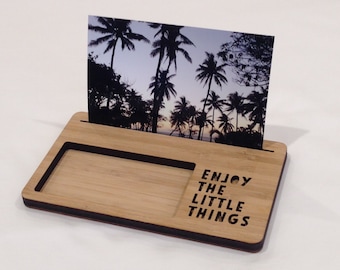 Photo Stand - Enjoy The Little Things - Photo Holder, Desk Caddy, Memory Holder, Quote Display, made from Bamboo