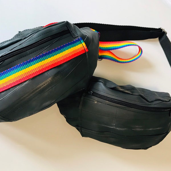 Inner tube bum bag, pride bum bag, pride bag, bum bag, recycled, festival bag, black bum bag, ethical bum bag, market trader bag, safe bag