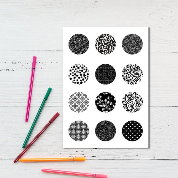 Black And White Circles Digital Collage Sheet, Instant Download 2 Inch Circles, Monochrome Circles, Pendant Circles, Bottle Caps