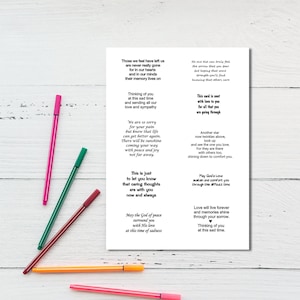 Op de afbeelding: Een witte kaart met condoleanceberichten in zwarte tekst, omringd door kleurrijke pennen. De kaart bevat zinnen als "Denken aan jou" en "We zijn zo verdrietig."